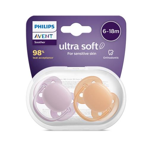 Philips Avent - Chupetes ultra suaves para bebés de 6-18 meses, morado/naranja (2 unidades)