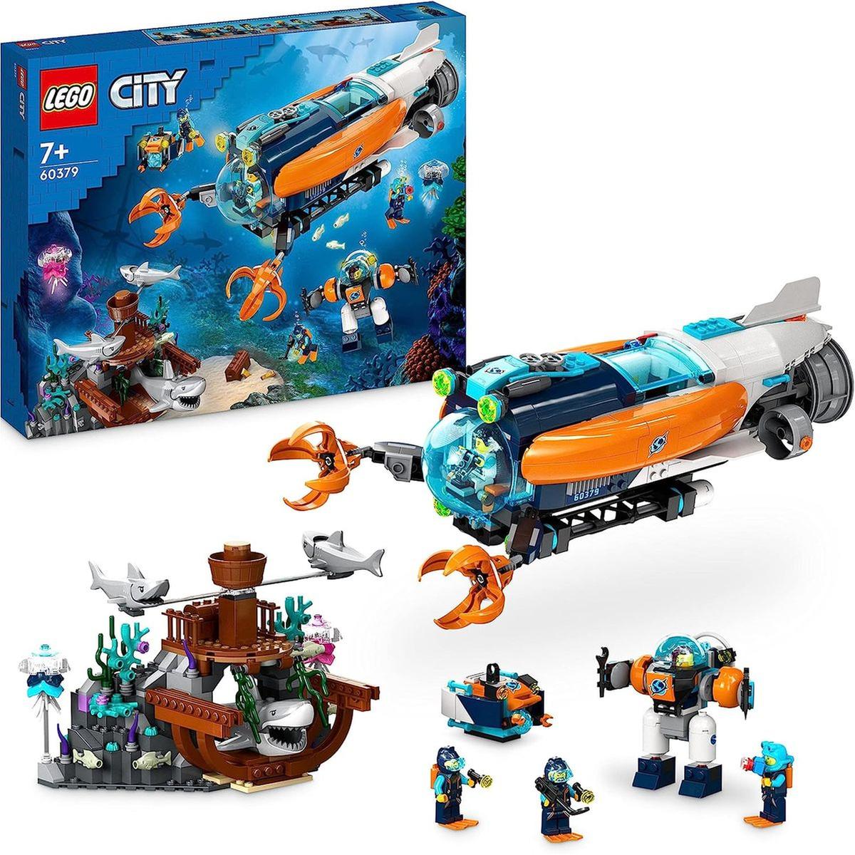LEGO - Set de construcción submarino de exploración de las profundidades  con figuras de tiburones y minifiguras de buzo 60379 | Lego City |  Toys"R"Us España